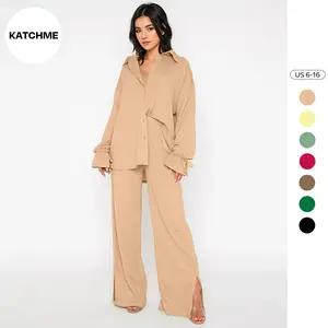 KatchMe Women's Casual Solid Color Button Flounce Sleeve Shirt & Slit Wide Leg Trousers Co-ord, Comfort Basic Co-ord Set for Lady Spring & Fall