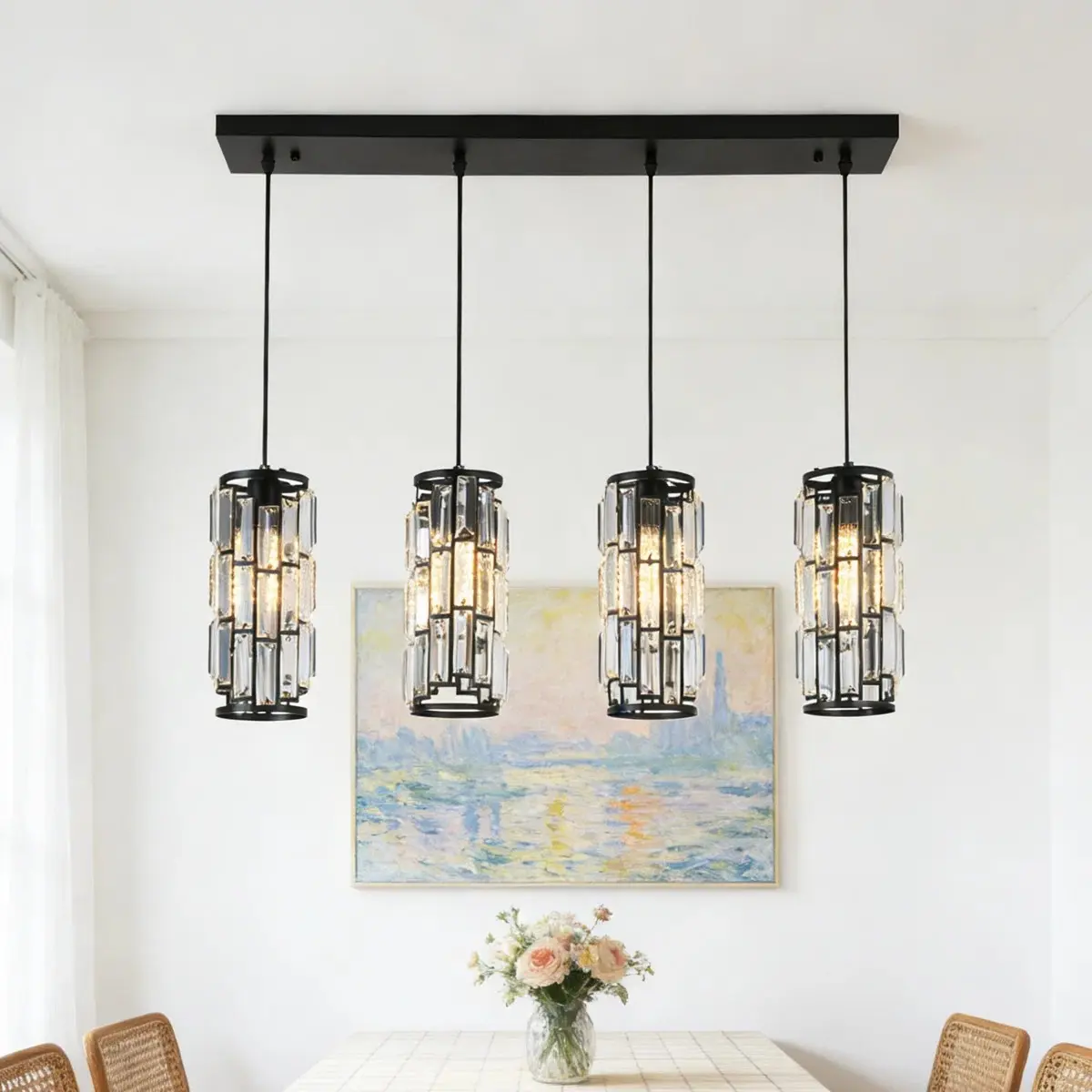Garwarm 30 Inch Modern Crystal Cylinder Linear Pendant Light, 4 - Light Farmhouse Crystal Pendant Lighting, K9 Crystal Chandelier for Dining Room, Entryway & Bar, Adjustable Hanging Light Fixture (E26 Base, Bulbs Not Included)