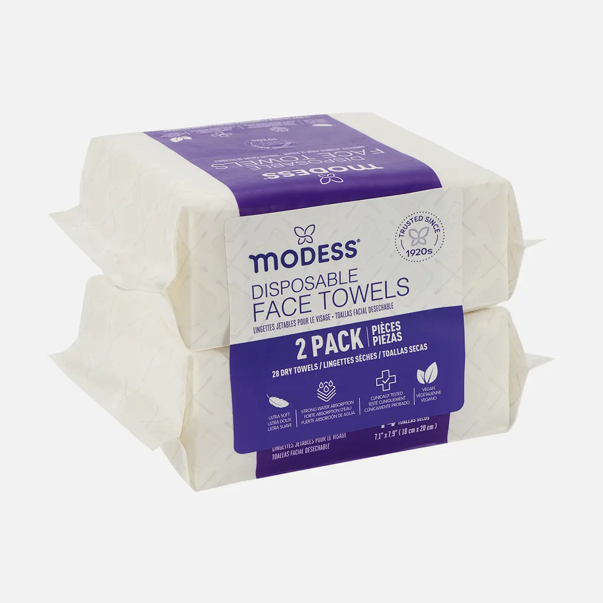 modess Disposable Face Towels, Ultra Soft for Gentle Facial Cleaning, Dual-Sided Pearl-Embossed, Dry & Wet Use, Travel Pack, 28 Count (2 Packs of 14)