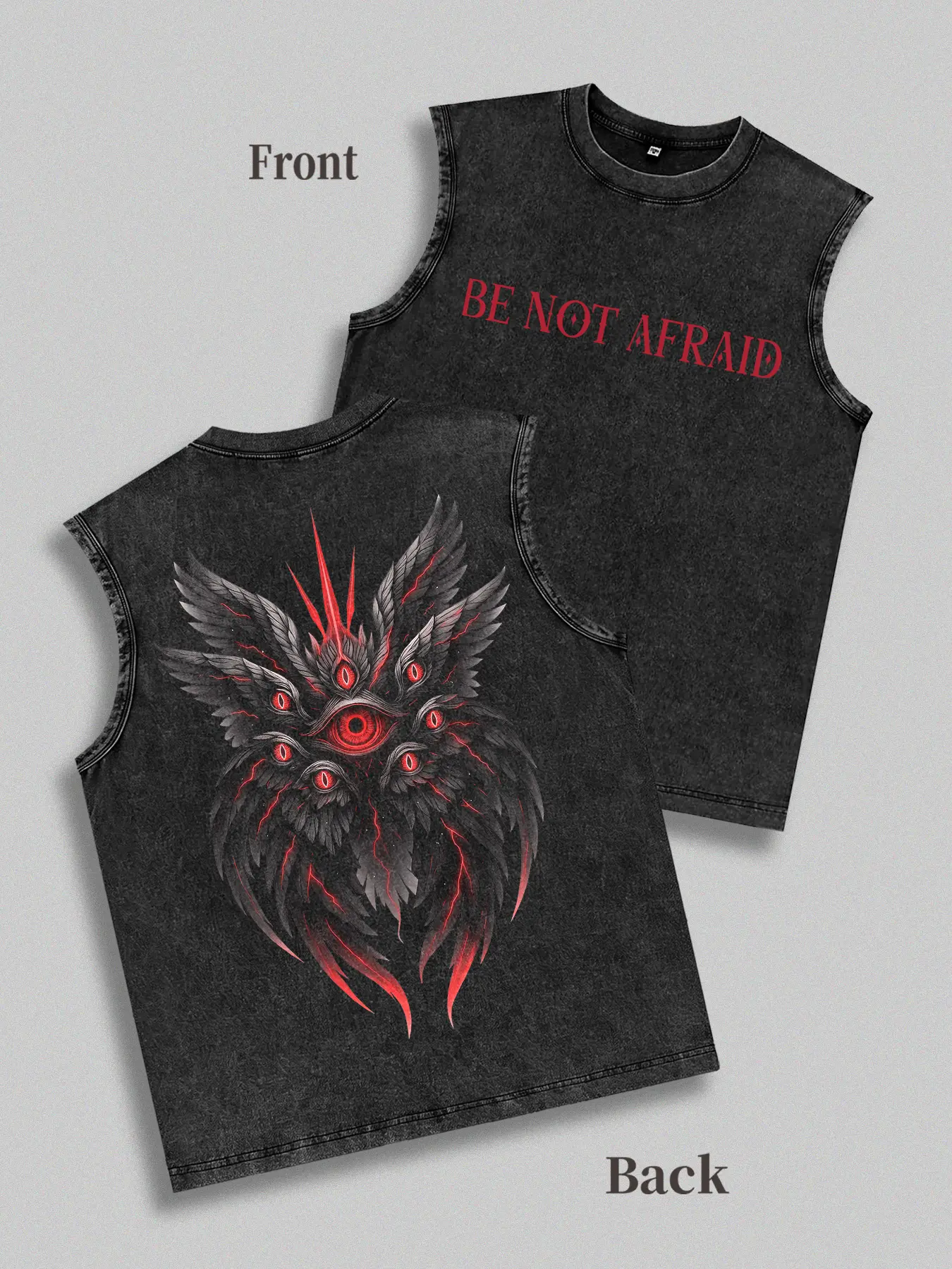 Men's Stylish Casual Dark Gothic Washed-Distressed 'Seraph' Graphic Fitted Tank Top - Round Neck, Sleeveless, Dark Aesthetics Enthusiasts' Streetwear Undershirt, Fashion Apparel, Male Clothing, Men's Wear, Goth Clothes, Tshirt, Crew Neck, Retro, Menswear,