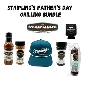 Stripling's Father's Day Grilling Bundle - Blue Tech Golf Hat - Hickory/Peppered/Jalapeno\Honey BBQ Beef Jerky & Chipotle Teriyaki Pork Jerky - Family Owned Premium Snack Packs - Made in the USA - 8-
