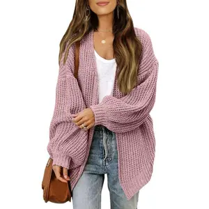 Oversized Lantern Sleeve Sweater Cardigan With Solid Loose Pockets Long Sleeve Autumn And Winter Casual Knitted Cardigan For Women