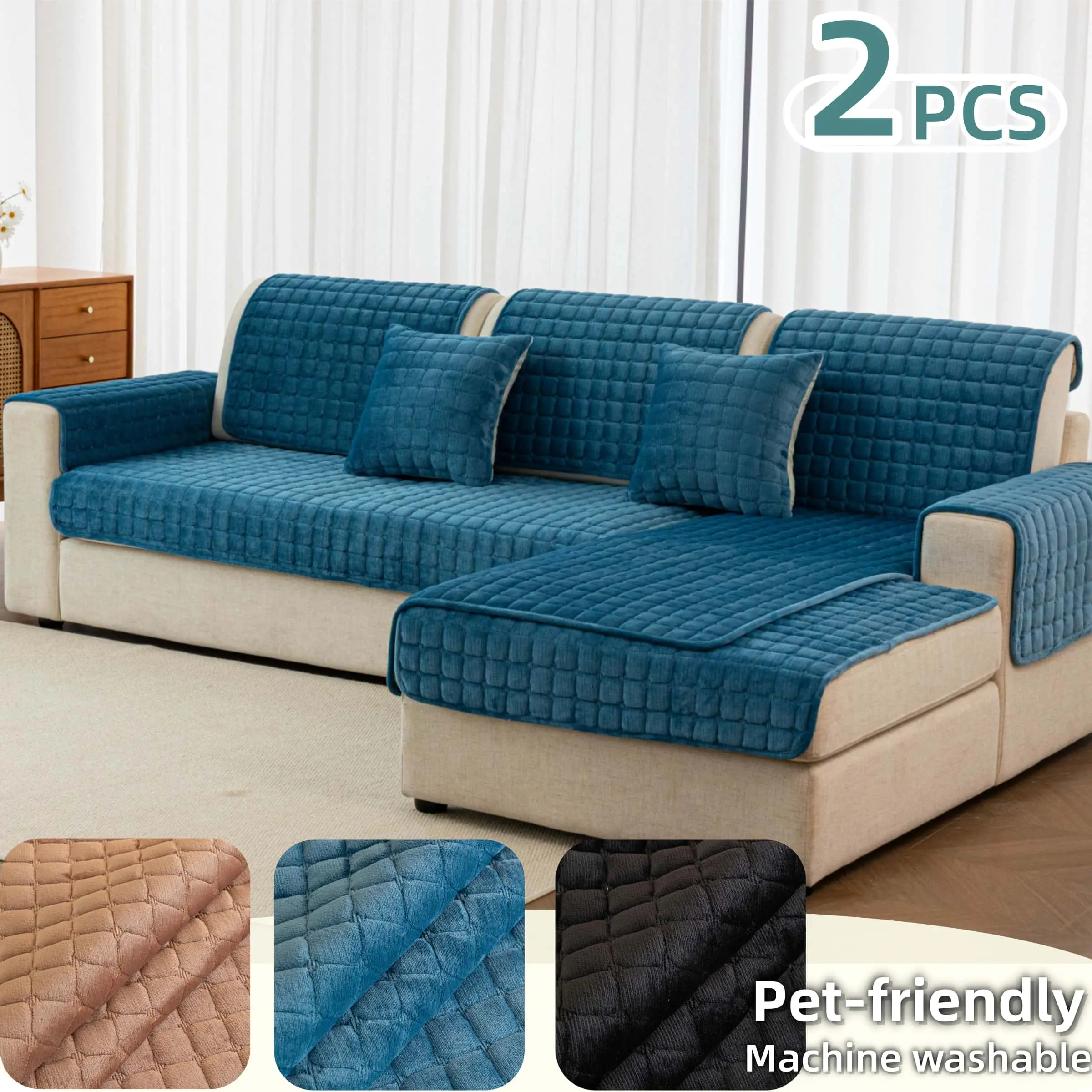 2 PCS Thickened Quilted Sofa Covers, Slipcovers for Couches and Sofas, Sofa Protector Slipcover, Anti-slip Sectional Couch Covers for Dogs L Shape Sofa Cover, Pet-Friendly Machine Washable Couch Seat Pads, for Living Room, Sofa Slipcover Set