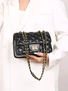 Chic Commuter Small Square Bag with Lock Closure, Rhombus Chain Shoulder Bag, Lightweight Crossbody for All Seasons, Elegant Solid Design, Adjustable Crossbody Shoulder
