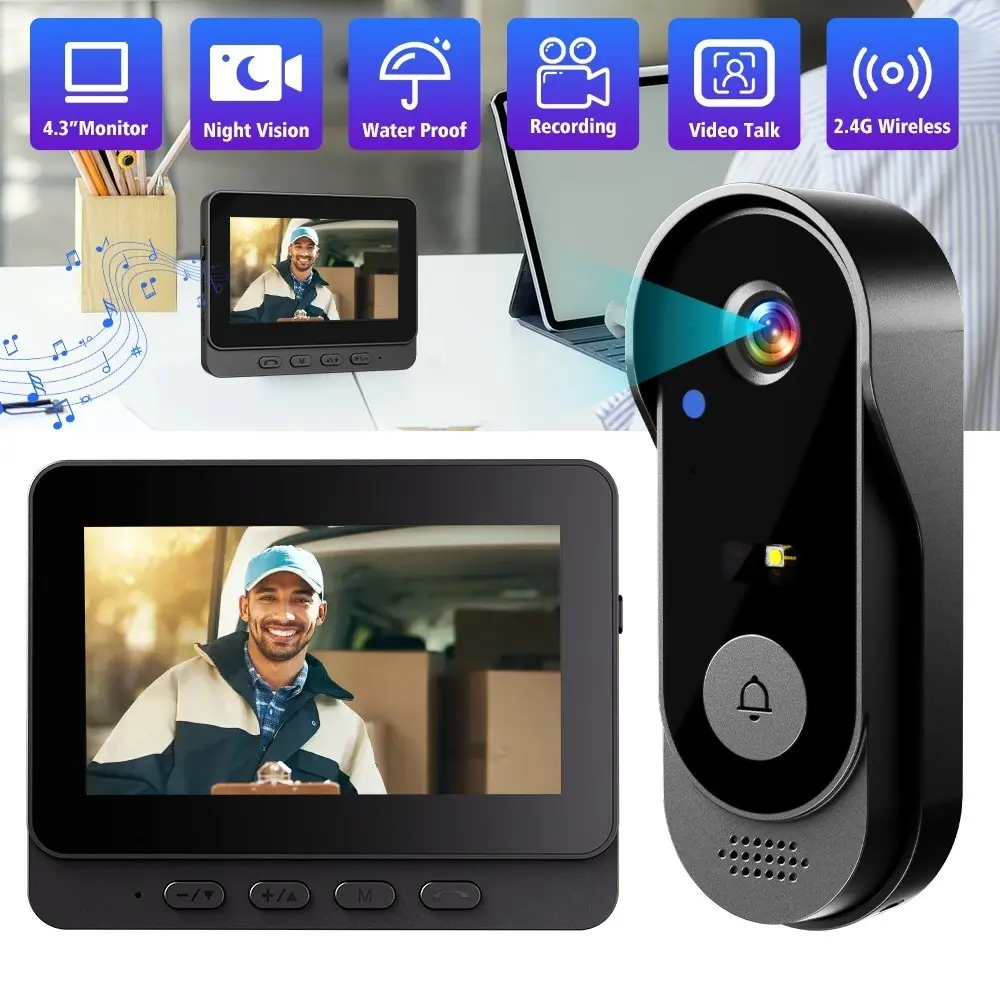 Wireless Video Doorbell with 4.3 Inch Color Screen, Night Vision, Waterproof Design, Long Battery Life, Supports Video Call & Two-Way Audio