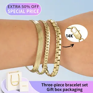 Three-piece 14K gold-plated bracelet set  Cuban chain Vintage Feel Stainless Steel Anti-Rust Technology Waterproof Sweatproof Perfect Christmas Gift for men and women Jewelry，Gift box packaging