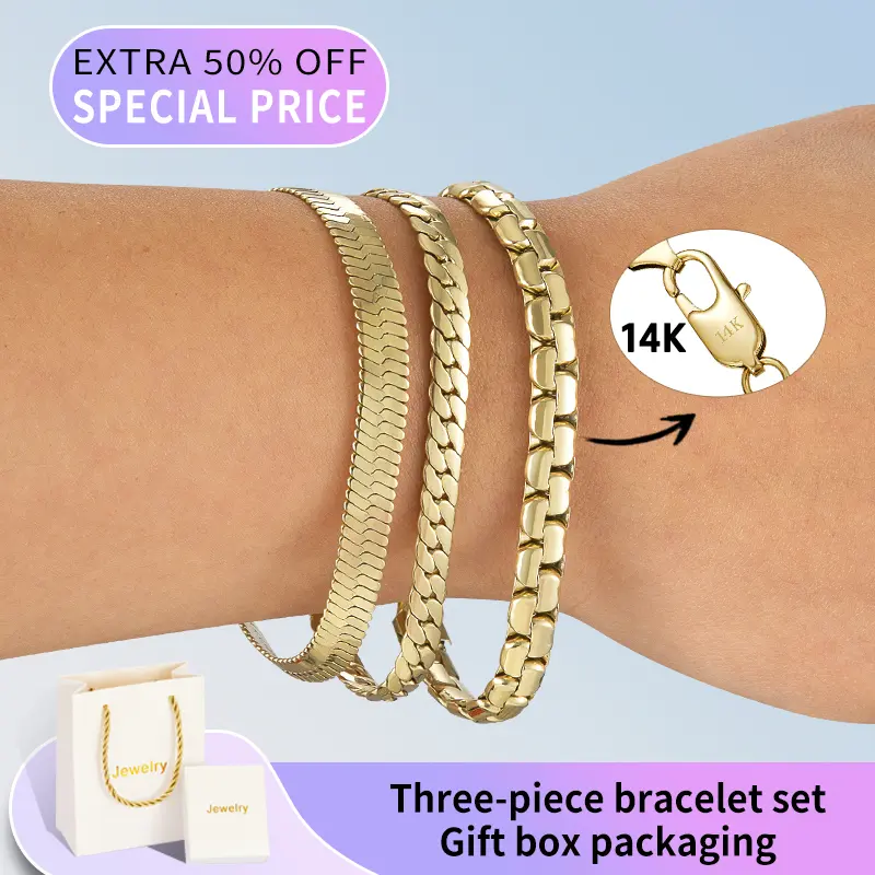 Three-piece 14K gold-plated bracelet set  Cuban chain Vintage Feel Stainless Steel Anti-Rust Technology Waterproof Sweatproof Perfect Christmas Gift for men and women Jewelry，Gift box packaging