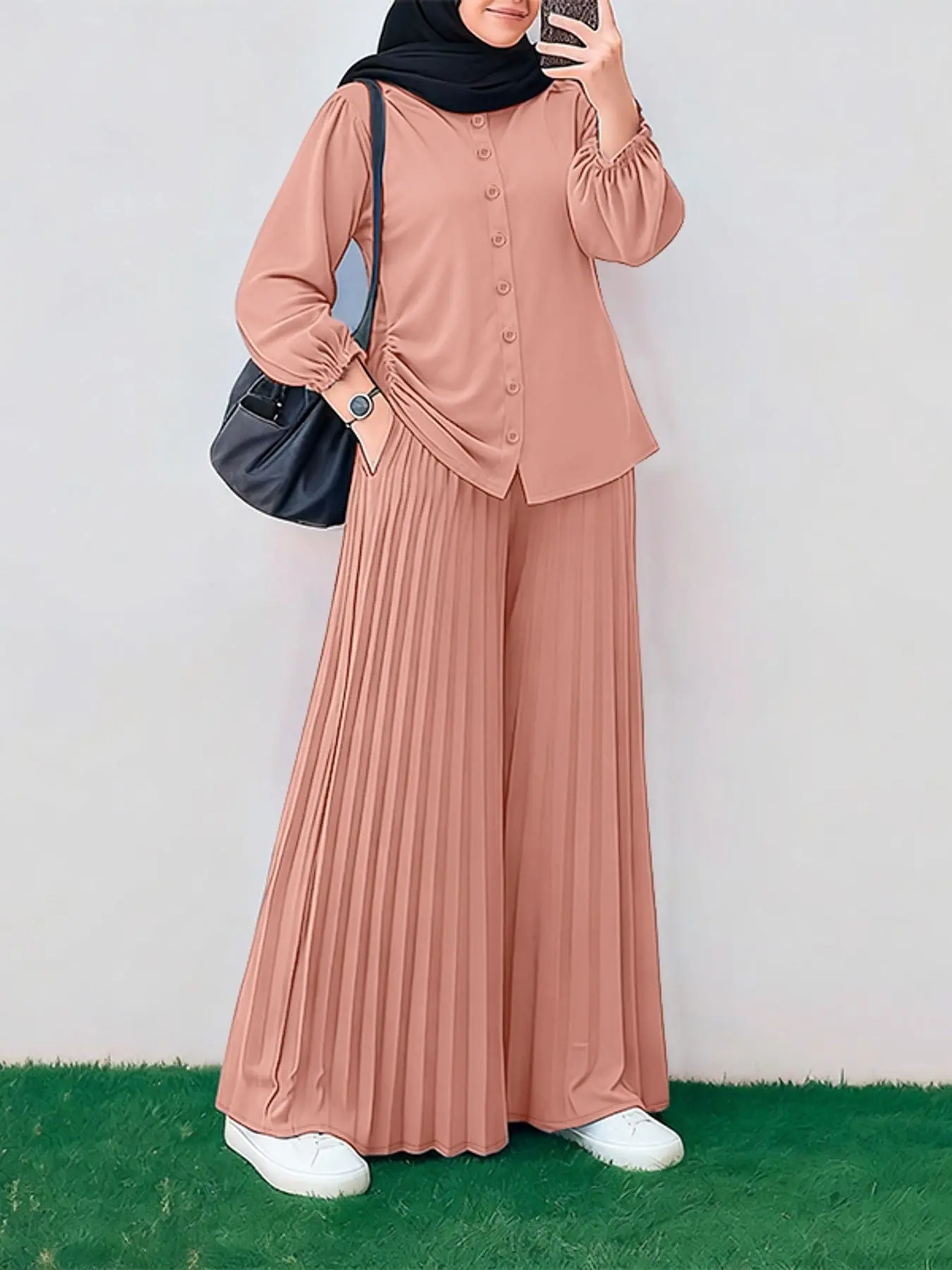 ZANZEA Women's Casual Two Piece Matching Fashion Set Outfit Women, Long Sleeve Lantern Sleeve Button Front Work Bag Pleated Palazzo Pants, Ideal for Daily Travel Commute