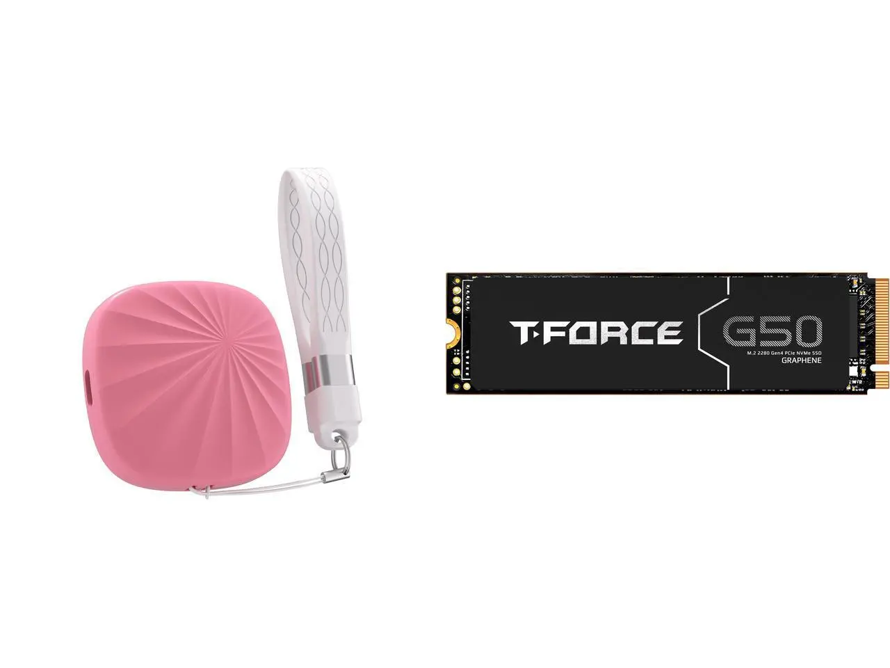 Nusyn 1TB NSP30 Portable SSD, 1050MB/s, USB 3.2 Gen2, USB-C, Plug & Play, Windows/macOS/Linux/Android/iOS - Pink. Team Group T-FORCE G50 M.2 2280 512GB PCIe 4.0 x4 NVMe 1.4 TLC Internal SSD