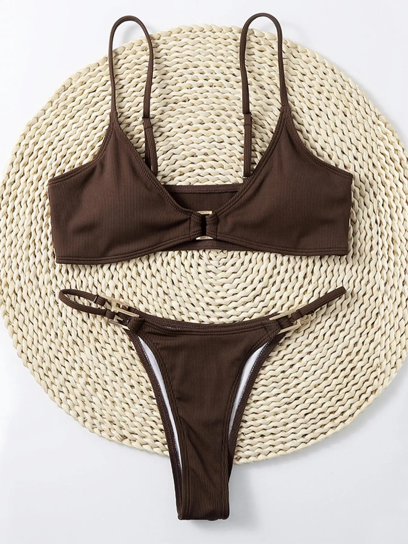 Women's Solid Ring Linked Frankies Bikini Swimsuit Set, Casual Swimwear Set, 2024 Summer Bathing Suits, Women's Swimwear for Summer Beach Holiday