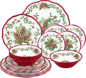 16 Piece Pinecones Melamine Dinnerware Sets, Outdoor Dishes Set, Plates and Bowls Sets, Christmas Decorations, Service for 4, Red