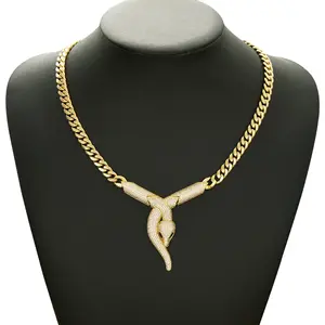 Unisex Luxury Snake-Style Crystal Statement Pendant Necklace with High-Shine Metal Finish for Men and Women