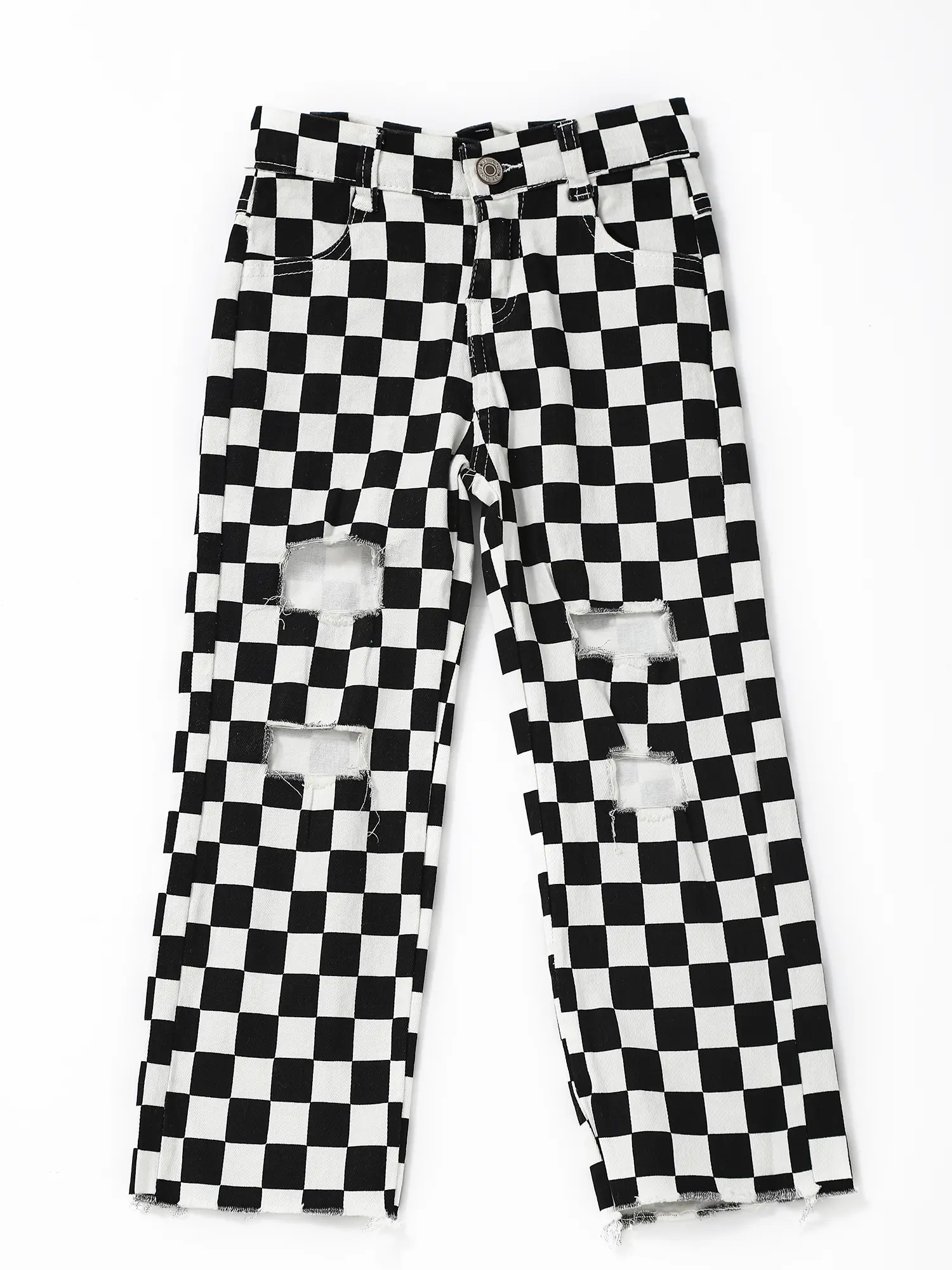 Girls' Checkered Denim Jeans, High Quality Black & White Straight Leg Pants, Soft & Comfortable for Kids, Size 5-6t, High Quality Jeans