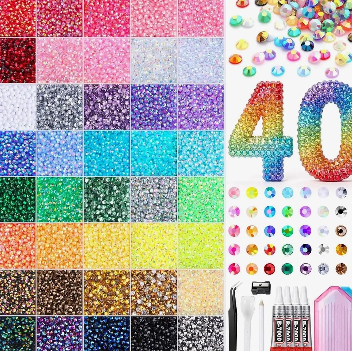 40000 Pcs Resin Jelly Rhinestones for Bedazzling, 40 Colors 3mm Flatback Crystal Rhinestones Gems Bedazzling Kit for Nail Art Diamond Art Crafting Makeup