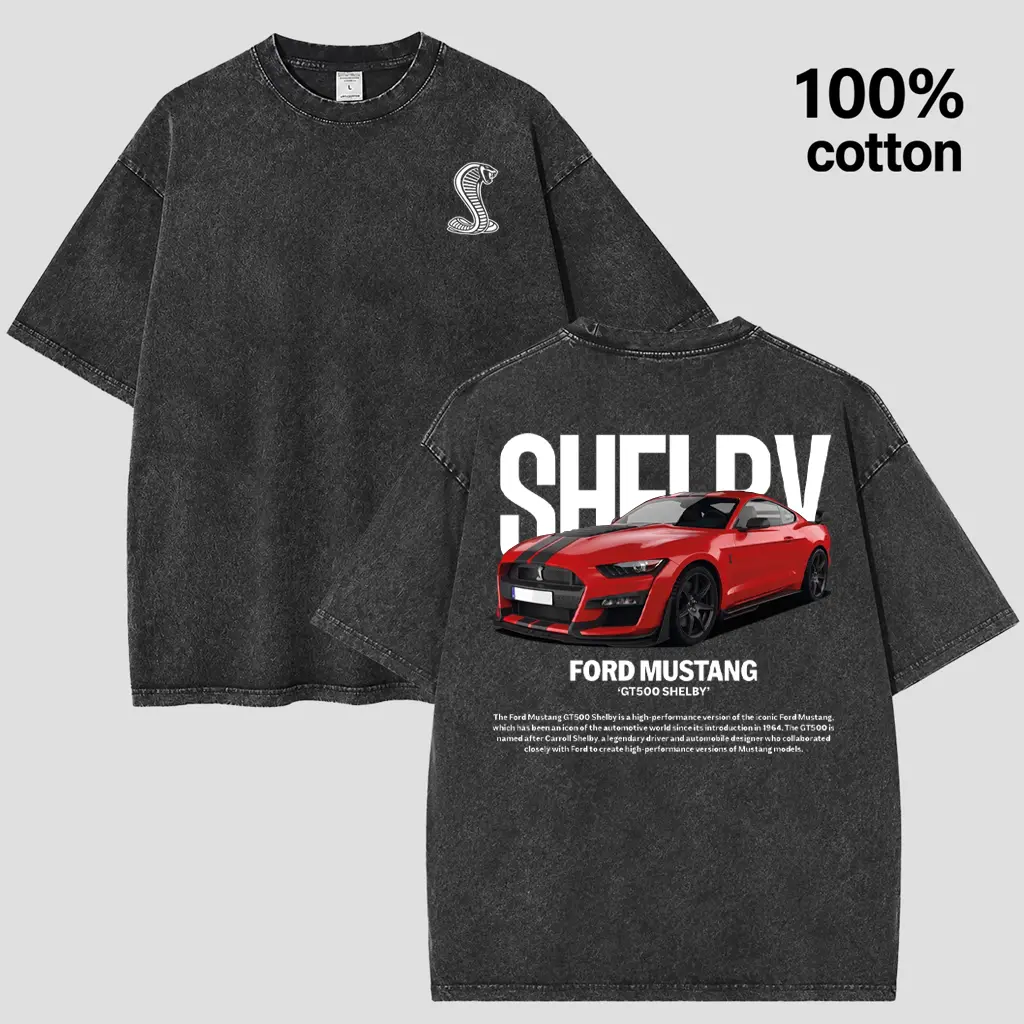 Vintage Washed Ford Mustang GT500 Shelby T-Shirt - 100% Cotton Oversized Graphic Tee