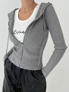 Women's Solid Color Casual Knitted Long Sleeve Zipper Hooded Jacket, Stylish and Comfortable Outerwear for Daily Wear, Perfect for Fall and Winter