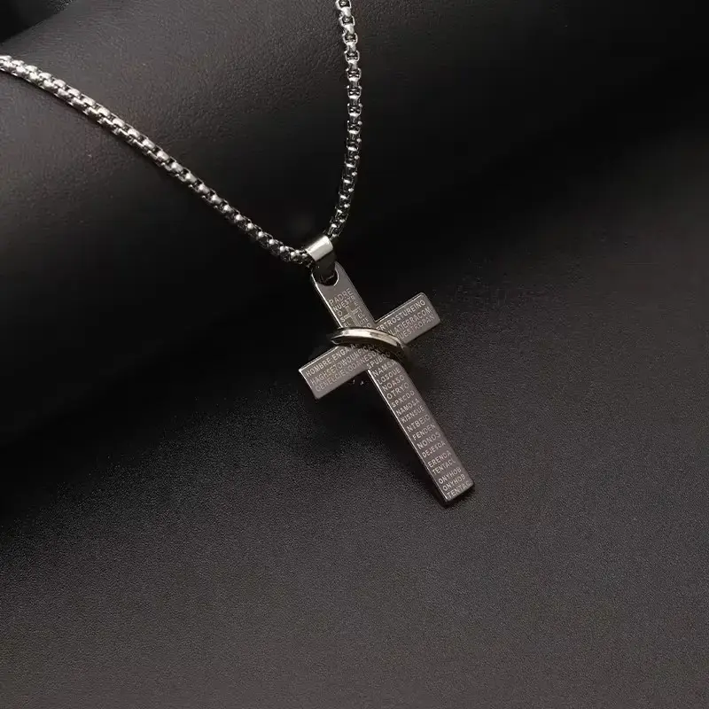 Bold Cross Design Scripture Engrave Pendant for Chain - Stainless Steel Long Chain Unisex Jewelry, Sleek Shine, Hip Hop Punk Edge, Gift for Boyfriend, Party Use