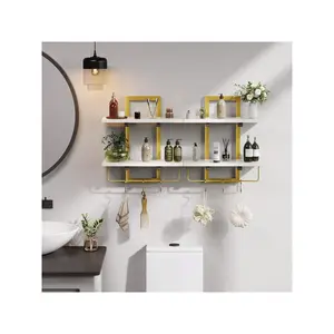 2 Tier Aesthetic White And Gold Floating Shelves Set Of 2, Modern Wall Mounted Display Shelves Organizer With Towel Rack, Home Decorative Hanging Storage Shelves Small Spaces For Bathroom, Toilet, Kitchen, Farmhouse, Office, Living Room & Bedroom, White