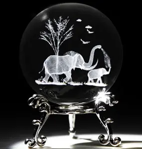 Tropical Elephant Crystal Ball Paperweight with Stand 60mm 3D Laser Engraved Glass Spheres Decorative Balls(Clear)
