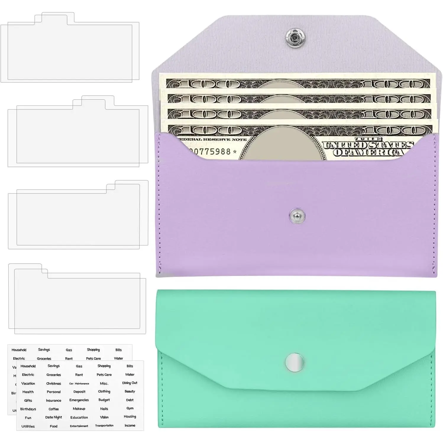 2 count  Wallet, Holder for Budgeting  Holder for ,Pu Leather  Wallet, Holder with  Envelope Labels, Wallets for Women, for  Check Billing(Purple/Green)