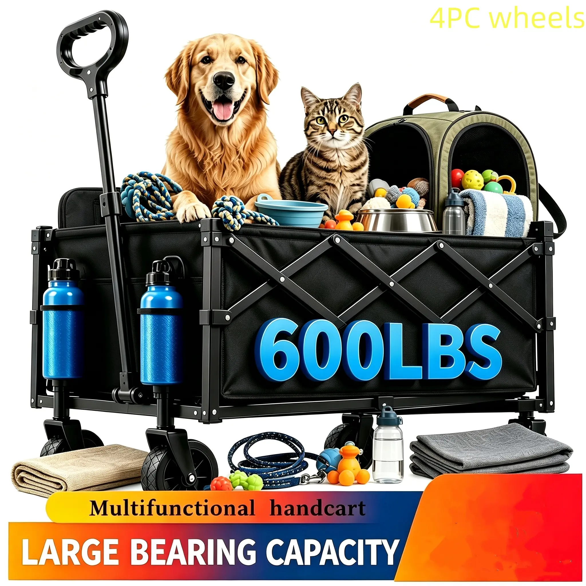 360 Degree All Terrain Folding Heavy Duty Garden Utility Wagon 260 600 Pounds Capacity Multipurposed Transport Cart for Camping Shopping Sports Equipment Black