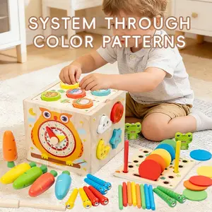 Wooden Ten-In-One Creative Game Box, Early Education Toy Set, Includes Pulling Carrots, Ring Toss, Shape Matching, Durable, Enhances Skills