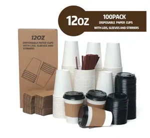 12 oz Disposable Paper Coffee Cups with Lids, 50 Pack, Leak-Proof To Go Cups with Heat-Insulated Sleeves, Hot/Cold Beverage Cups for Office, Party, Travel Meetings, Camping