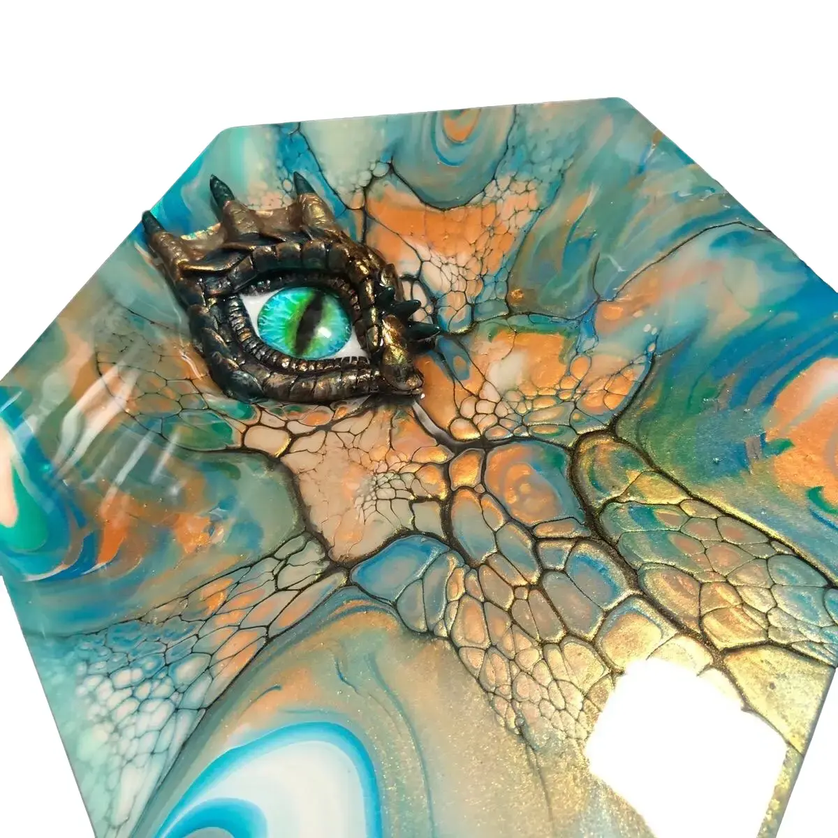 Stunning 10” Hexagon Tile with Acrylic Pour Paint Bloom and Hand-Sculpted Clay Bronze Dragon Eye