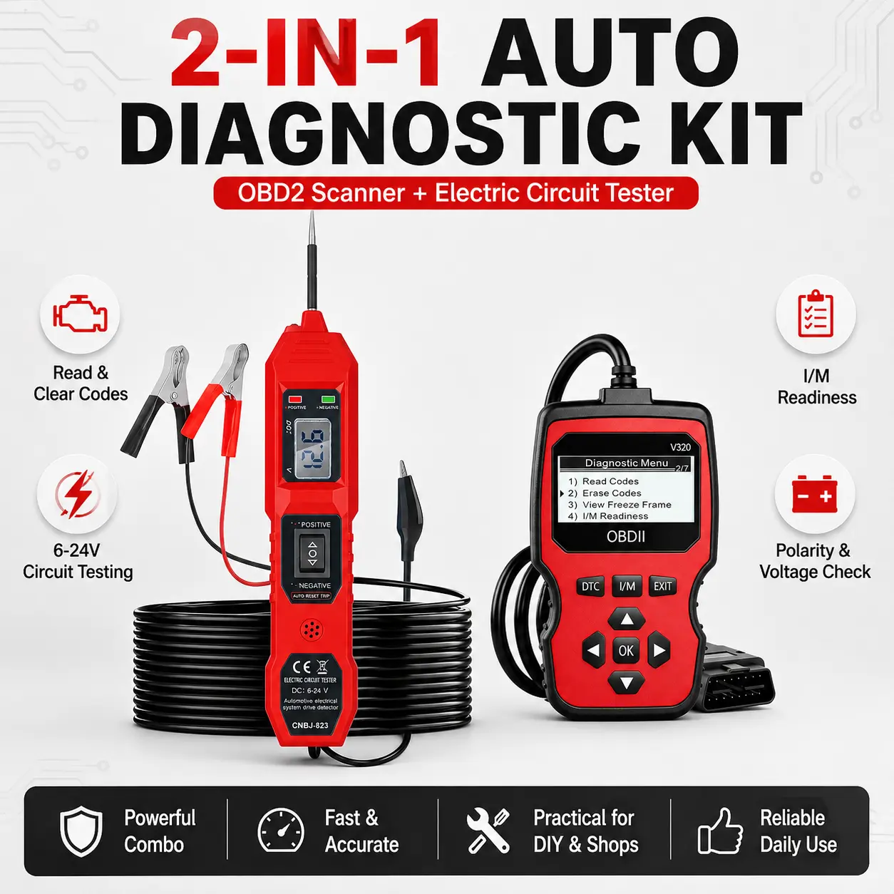 V320 OBD2 Scanner & CNBJ-823 6-24V Automotive Circuit Tester, 2-in-1 Car Diagnostic Tool Kit, Read/Clear Engine Codes, I/M Readiness, Voltage and Polarity Testing for DIY Auto Repair