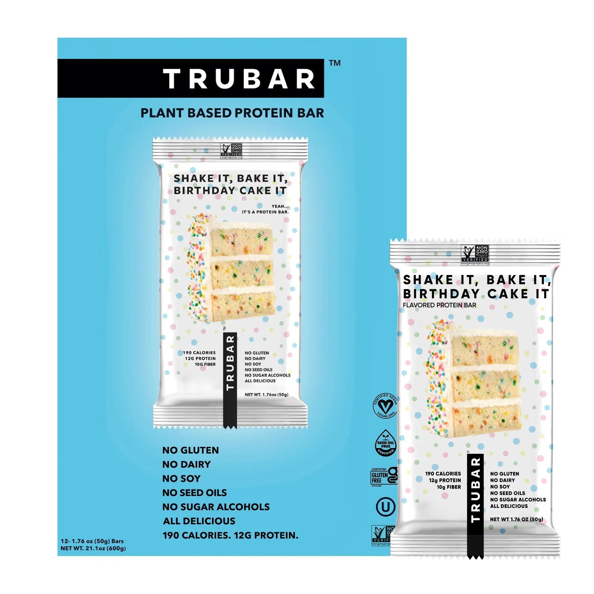 TRUBAR Vegan Protein Bar, Shake It, Bake It, Birthday Cake It, Gluten Free, Plant Based Protein, Dairy Free, Non GMO, Soy Free, No Sugar Alcohols, 12 count Snack