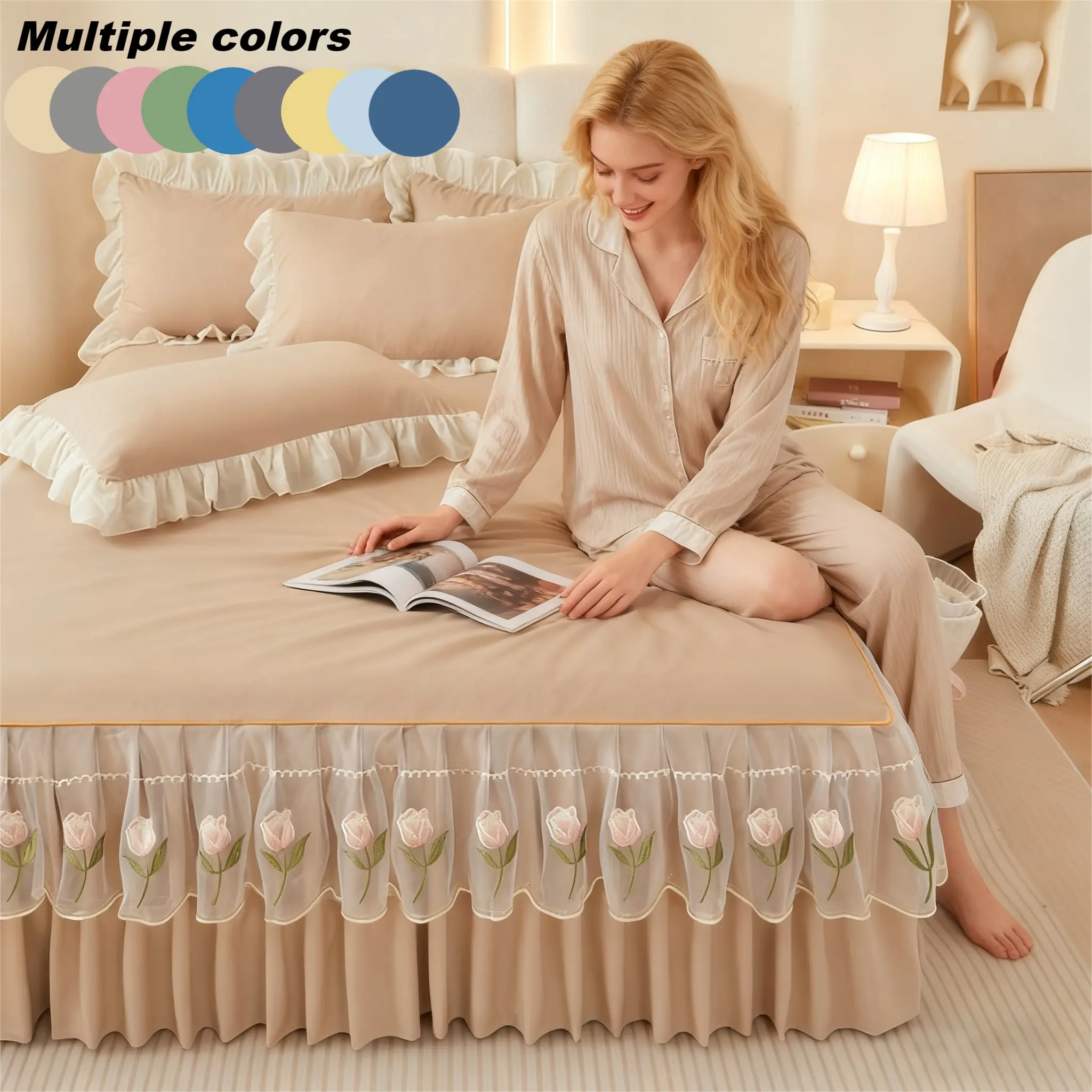 Luxury Lace Bedskirt Set with Tulip Design, Includes One Bedskirt and Two Pillowcases, Soft Breathable Fabric, All-Season Use, Soft Decorative Bedding Set
