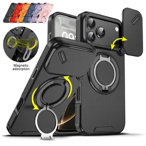 Slide Camera Cover For iPhone 17 Pro Max 16/15/14/13/12 Military Grade Drop Protection Anti-Fingerprint Coating 360° Rotatable Ring Holder Stand Black Shockproof Protective Casing