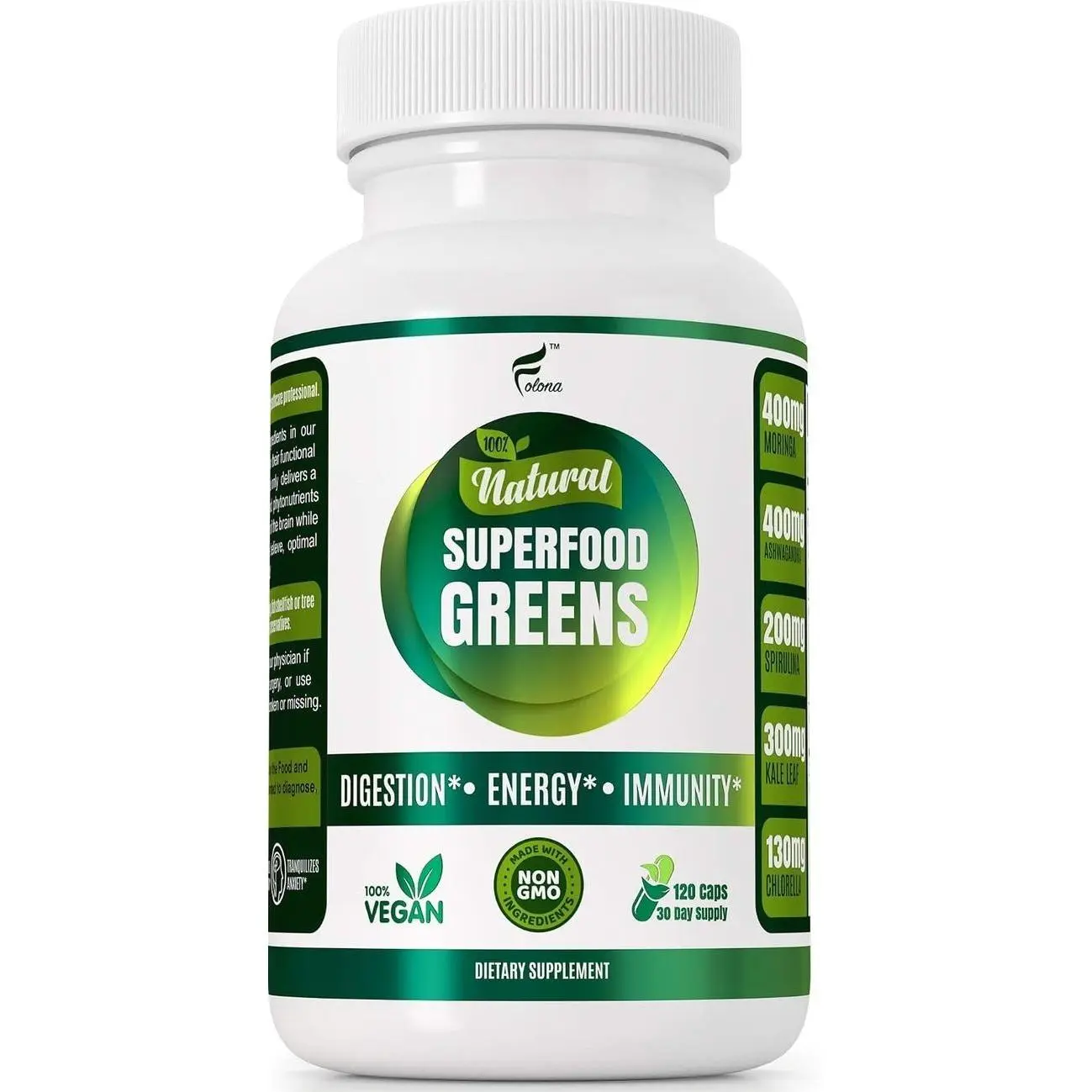 Organic Vegan Super Greens Capsules with Ashwagandha - Immune Support with All Natural Whole Food Nutrients Chlorella, Moringa, Spirulina, Turmeric, Kale. Improve Digestion, Boost Energy - Detox Pills