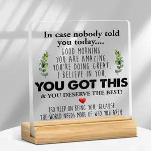 Motivational Themed Acrylic Ornament with Wooden Base, Desktop Decoration, Inspirational Decorative Ornament for Home Office, Party Gift for Friend & Family, Novelty Desk Decor