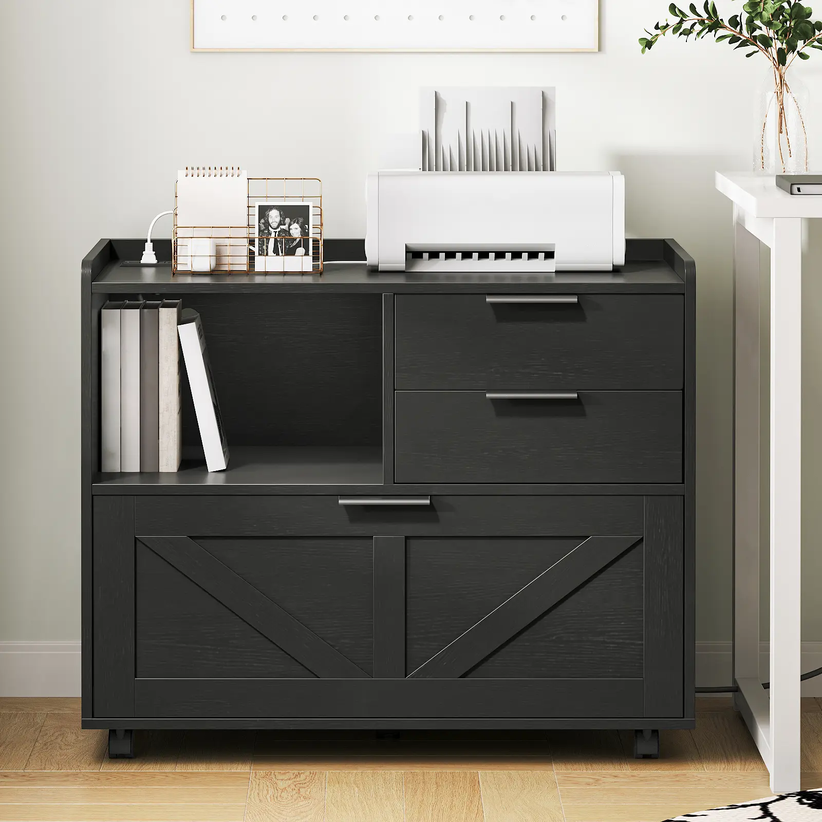 HOOBRO Lateral File Cabinet, Wooden Office Storage Drawers with Charging Station, Filing Cabinet for Home Office, A4/Letter/Legal-Sized Files, Printer Stand with Open Storage Spaces, Black #SummerVibes#DealsforYouDays #SummerGarden