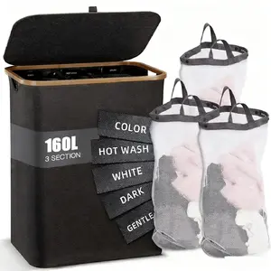 Foldable Premium Bamboo Laundry Hamper 160L 3 Breathable Mesh Bags Dirty Clothes Storage Organizer for Dorm Home Bedroom Laundry Organization