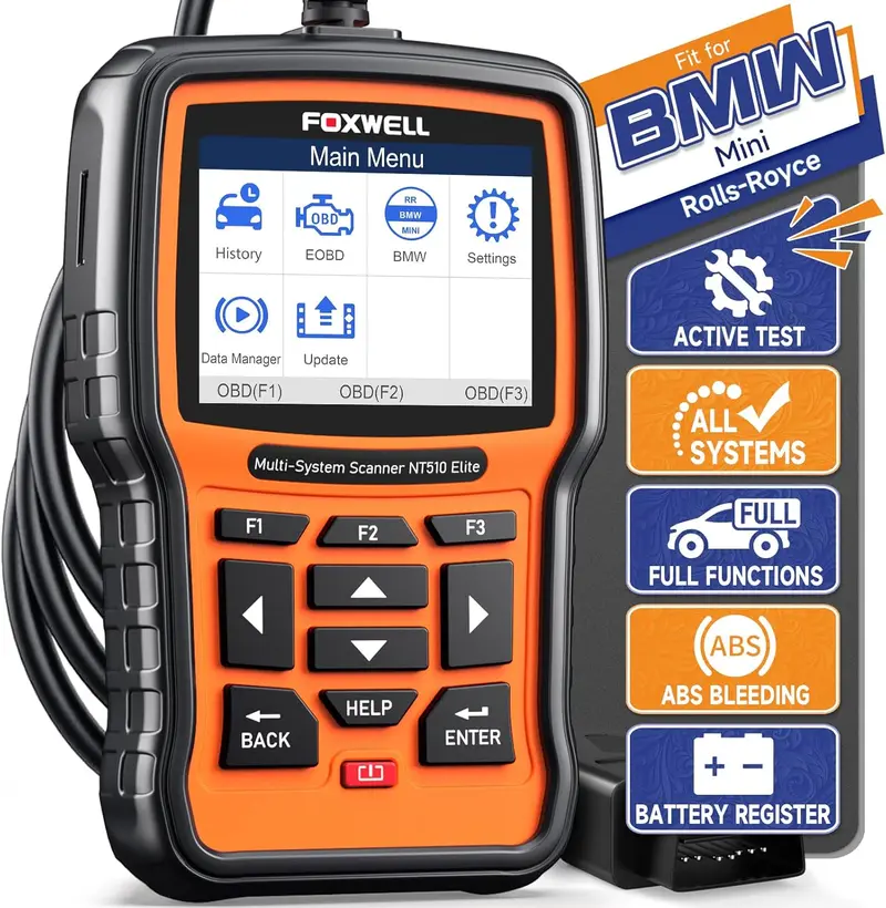 FOXWELL NT510 Elite OBD2 Scanner fit for BMW Mini RR Car Diagnostic Tool,All System Bi-Directional Control Code Reader,Battery Registration Scan Tool,Free Update Lifetime