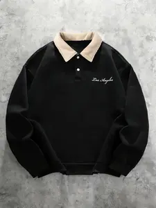 Men's Fall Winter Half Button Polo Neck Long Sleeve Sweatshirt, Trendy Letter Print, Comfortable Fabric, Casual Style, Perfect for Daily Wear