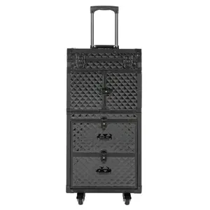 Professional Aluminum 4-in-1 Rolling Cosmetic Train Case - Multi-functional Large Capacity Trolley for Manicure, Barber and Salon Use