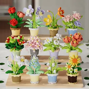 Eternal Flower Sunflower Rose Orchid Flower Pot Model Ornament Assembly Building Block Toy Valentine DIY Gift