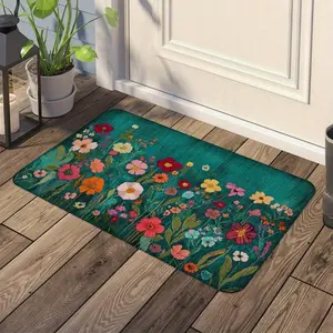 Vintage Teal Wildflower Daisy Floral Meadow Soft Area Rug Washable Indoor Floor Mat for Farmhouse Cottagecore Living Room Bedroom Entryway Kitchen Home Decor