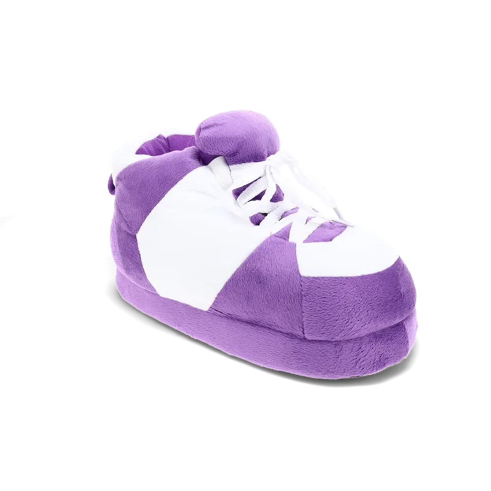 Purple and White Striped Plush Sneaker Slippers for Women and Men Cozy Indoor Walking Shoes with Non-Slip Sole and Memory Foam Footbed
