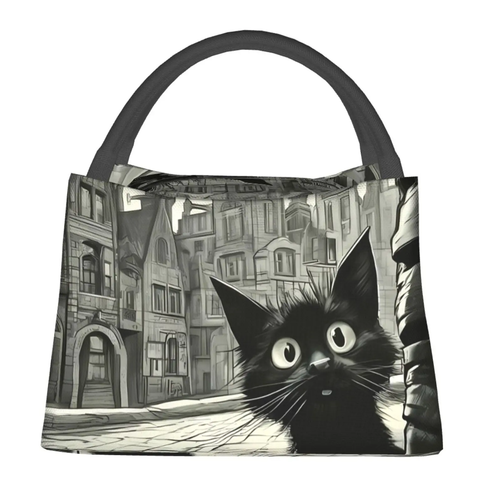 Lunch bag for both men and women, reusable hand-held insulation bag, retro black cat pattern, is an essential item for outdoor camping and daily commuting. It is safe, environmentally friendly, durable insulation material, portable and stylish design