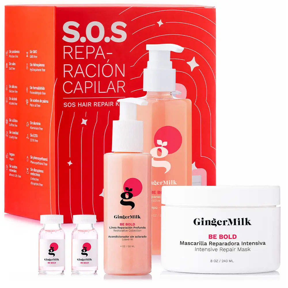 SOS Repair Kit, Be Bold | Shampoo 8 oz + Mask 8 oz + Leave-In 4 oz + Hyaluronic Ampoules x3 | Strengthening & Repairing Care for Dry, Damaged & Bleached Hair | Ginger Milk