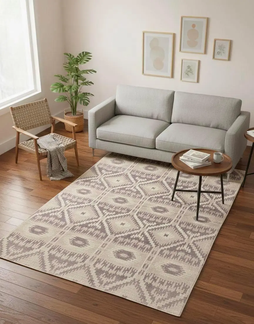 5x8 Modern Hand-Knotted Wool Silk Area Rug Geometric Tribal Oushak Style Neutral Beige-Taupe Soft Pile Carpet Luxury Handcrafted Home Decor