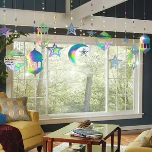 6pcs Party Hanging Decorations, Ramadan Colorful Pull Flower, Star Moon Hanging Decoration, Paper Craft Wreath, Suitable for Festive Parties or Home Decor, Hanging Flowers