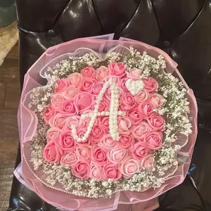 Rosy Initial Elegance Bouquet - Customizable Pink Roses with Foam Flowers & Tiara Optional Add-Ons