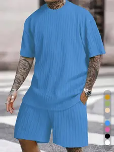 KZZ vacation outfits Two-Piece Set Men's Solid Textured Drop Shoulder Short Sleeve Tee & Drawstring Waist Shorts Set, Spring & Summer Clothes, Loose Casual Fashion Crew Neck christmas gifts for him