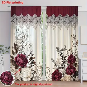 2-piece set, 2D flat, vintage rose flower print Victorian style curtains, featuring pocket bar installation and digital printing technology to protect privacy, suitable for living rooms, kitchens, bedrooms, study rooms, hotels, and restaurants