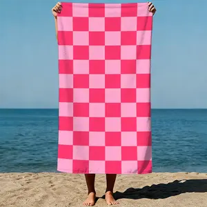 Checkerboard pattern: Alternating pink and light pink squares, geometric pixel art style. Sand-Free Beach Towel | Ultra-Light Microfiber | Quick-Dry, Compact for Travel